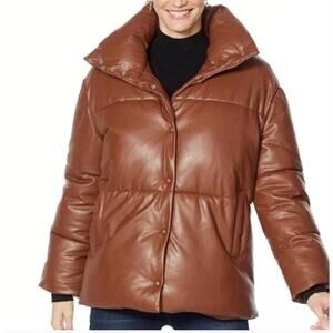 Avec Les Filles Women's Puffer Coat Vegan Leather Saddle Brown Plus 1X Quilted